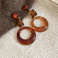 Detail view of retro amber resin hoop earrings with tortoiseshell texture and gold accents - Amber Geometric Patchwork Style (S925 Pin)