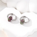 Detail of vintage stainless steel hoop earrings with natural ruby in zoisite stones - Green Purple Natural Stone