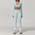 Two-piece light blue workout set with cutout long sleeve top and V-cross leggings - S / Top And Bottom / Long Sleeve + Leggings / Cream Green