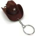 Detailed macro view of a mini brown felt cowboy hat keychain with a silver star - Brown