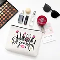 White canvas makeup bag with letter print and zipper, showing cosmetic pattern detail - Style F-ALWAYS Be you tiful