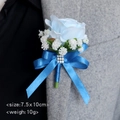 Light blue faux rose boutonniere with blue ribbon and rhinestone detail for weddings - Blue