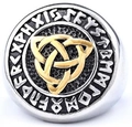 Macro shot of stainless steel Viking ring featuring Triquetra symbol and Rune engravings - Two-Tone Three-Branch Pattern (25102 Two-Tone)