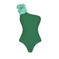 Détail de l'applique florale 3D sur un maillot de bain une pièce vert foncé asymétrique - S / Maillot de bain vert à une épaule