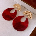 Vintage gold hammered metal stud earrings with large textured red resin hoop pendants - Hammered Metal with Red Texture Hoop