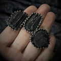 Macro view of irregular black tourmaline stone with beaded silver plating on ring band - Adjustable Open / Black (Random Shape)