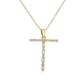 Detailed view of an 18K gold plated T-shaped pendant with baguette cut cubic zirconia - Letter T