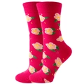Rosa Socken mit lebhaften gelben und orangen Rosenmustern und grünen Blättern - Rosenrote Rose