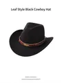 Classic black felt cowboy hat featuring a brown braided band and golden leaf ornament - Leaf Style / Black