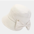 Chic beige sun hat with a large bow and gold buckle detail from a 45-degree angle - M(56-58cm) / White