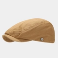 Close-up of the metal logo badge on khaki cotton twill fabric of the ivy flat cap - Adjustable / Camel