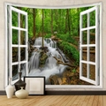 Detailed 3D window view tapestry showing a lush forest waterfall and green landscape - Forest Waterfall Stream (GT805-17) - Brushed Fabric / 73X95CM