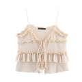 Sleeveless beige knit top with delicate ruffles and front ties in minimalist style - S / Apricot