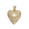 Golden heart pendant with crystal pavé and embossed star details for jewelry making - DBN155-10 Stars Pavé Heart