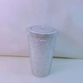 Sparkling silver rhinestone tumblers with straw and lid for large capacity drinks - 401-500ml / White