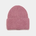 Cuffed deep pink angora wool knit hat with plush texture for winter warmth - Mauve