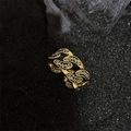 Golden Cuban chain ring with ornate dragon engravings on dark textured rock - Cuban Chain Pattern Carved Style (J4632)