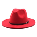 Close-up of red wool fedora hat with black leather strap and metallic buckle detail - M (56-58cm) / Red