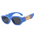 Retro small frame sunglasses in bright blue with engraved golden circular temple detail - Blue Frame Gray Lens