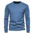 Close-up of crew neck and shoulder stitching on a blue cotton long sleeve t-shirt - Denim Blue