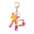 Resin initial P keychain with pink dried flowers, gold foil, tassel and butterfly charm - Flower Pattern P