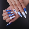 Blau-weiße Schachbrett-Sargnägel mit Smileys und Sternen für Damen zum Aufkleben - Klein Blau Schachbrett Smiley (CBLCY-12) / Kleber-Typ