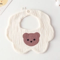 Cotton baby gauze bib featuring a brown bear pattern and petal-shaped edges with snap - Gauze Flower Scarf - Single Teddy Bear