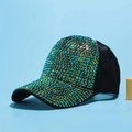 Berretto da baseball con strass verdi e retro in rete nera traspirante per donna - Taglia Adulto (Regolabile) / Nero/Zircone Verde