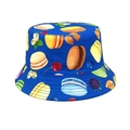 Close-up of royal blue baby sun hat featuring vibrant macaron and fruit print detail - Head Circumference 52-54cm / Blue
