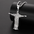 Zilveren Christus de Verlosser hanger ketting met fonkelende kristallen op zwarte achtergrond - 60cm Ketting / Zilver