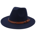Detail of dark blue fedora hat with brown leather band and metal buckle decoration - Navy Blue (2 Studs)