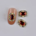 Rectangle gold alloy nail charms with large red gemstone and sparkling clear rhinestones - Gold Base Red Gemstone Vintage Piece