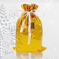Detail of golden drawstring gift bag with white ribbon bow for Christmas holiday packaging - 29*43cm Laser Brilliant Gold