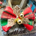 Christmas pet bow accessory with red green plaid ribbon and gold festive berry bell detail - Style 10-Red Green Plaid Ribbon Gold Leaf Gold Berry