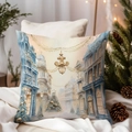 Watercolor Christmas pillow case featuring a winter street scene with festive trees - TQDS68-5(Winter Architecture Chandelier)