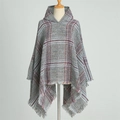 Classic plaid hooded poncho with fringe trim in grey white and red soft knit fabric - Light Blue (WT144-3)