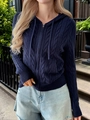 Women's dark blue knit hooded zip-up sweater with casual long sleeves for autumn wear - Navy Blue