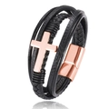 Men's multi-layer black braided leather bracelet with rose gold cross and magnetic clasp - 21cm / Rose Gold