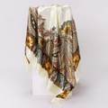 Detailed close-up of paisley pattern silk scarf with elegant drape on white display - 90x90cm / Cream White (D9239)