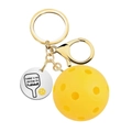 Pickleball keychain with yellow ball and engraved stainless steel paddle on white background - There's No Crying In Pickleball (Paddle Tag)