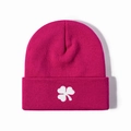 Magenta knitted beanie hat with white clover embroidery in a minimalist winter style - One Size / Embroidered White Clover / Rose Red