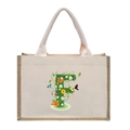 Beige canvas tote bag with jute trim and floral letter F print on a white background - Floral Letter F