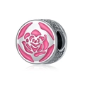 Silver bead charm with pink enamel rose flower and hollow mesh side for DIY jewelry - Rose Cut-out