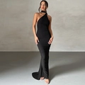 Elegant backless black maxi dress featuring a halter neck and sophisticated slim fit silhouette - S / Black