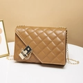 Brown quilted leather shoulder bag with gold chain strap and metal lock closure - Brown