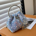 Sparkling light blue sequined bucket bag with silver metal ring handle and tassel - Blue