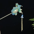 Vintage Haarnadel aus Gold mit blauen Emailleblumen, Perlen und langen Quasten - Blaugrüner Farbverlauf Pfingstrose Künstliche Perle Quaste (2159)