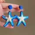 Detailed view of handmade woven starfish earrings in blue and cream colors - 20# Steel Pin-Blue