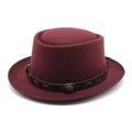 Close-up of burgundy wool boater hat with braided leather band and metal stud details - M (56-58cm) / Burgundy