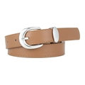 Brown leather belt with silver pin buckle and detailed stitching for women - Caramel color